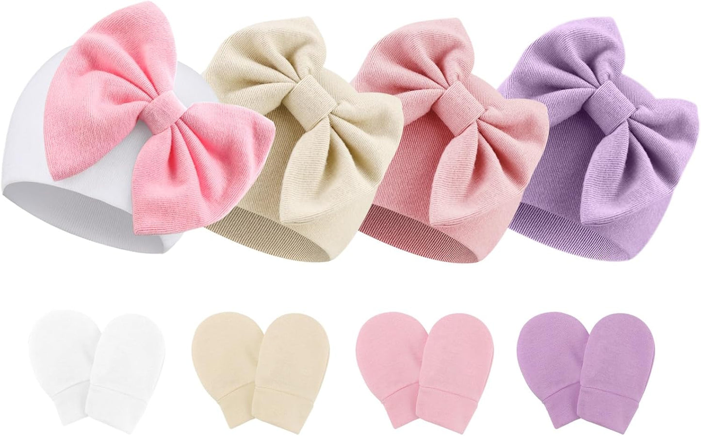 BQUBO Newborn Baby Hats Mittens Set Hospital Hat Beanie Infant Bow Hats Baby Gloves No Scratch