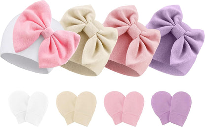 BQUBO Newborn Baby Hats Mittens Set Hospital Hat Beanie Infant Bow Hats Baby Gloves No Scratch