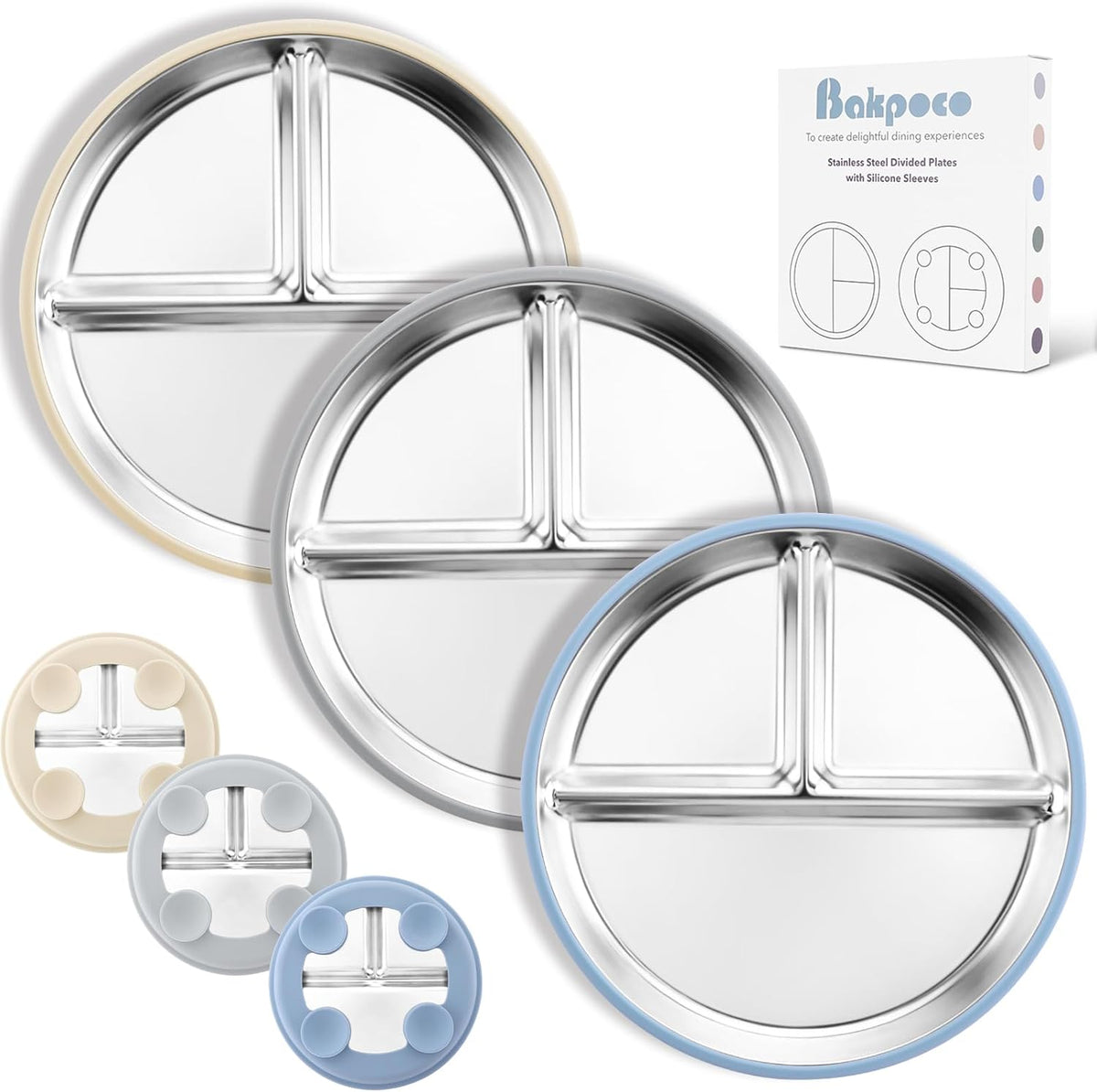 Stainless Steel Suction Plates for Toddlers, 9" Divided Kids Baby Plates with Removable Silicone