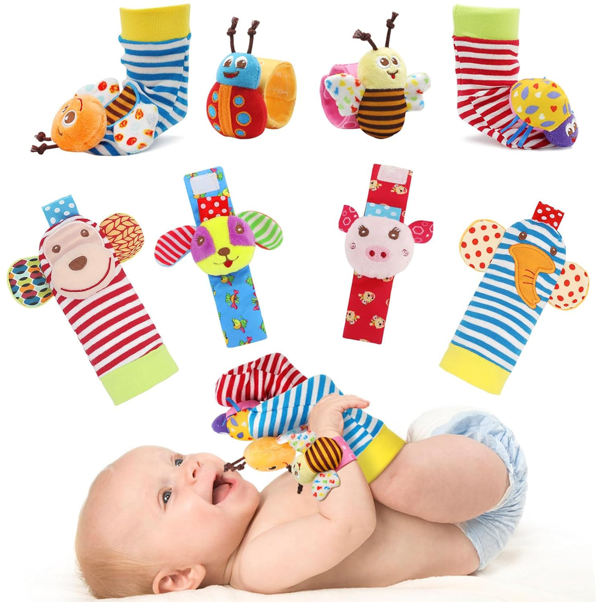Bloobloomax Soft Baby Rattle Wrist Rattle Foot Finder Socks Set,Cotton and Plush Stuffed Infant