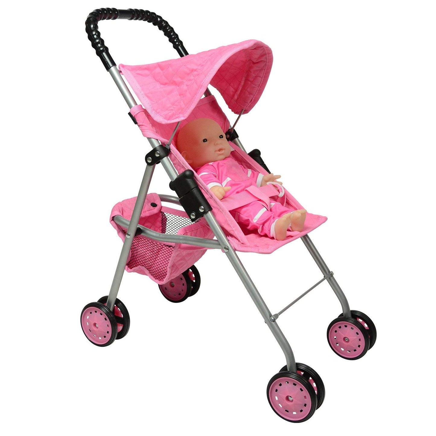 The New York Doll Collection My First Doll Stroller with Basket, Foldable Doll Stroller (Pink