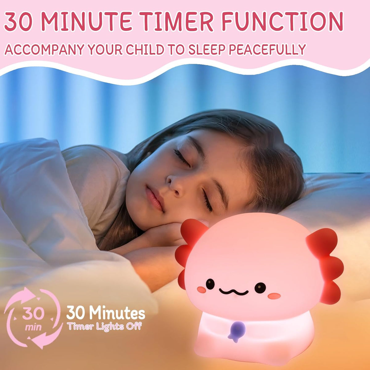 Axolotl Night Light for Kids - 3-Level Dimmer & Auto-Off Timer, Child-Safe Silicone Lamp, USB-C