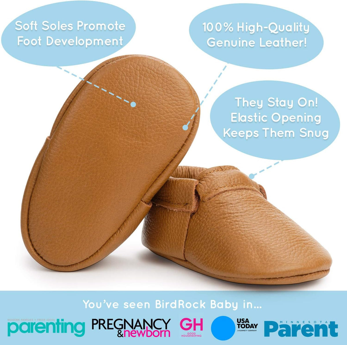 BirdRock Baby Fringeless Moccasins - Genuine Leather Boys and Girls Shoes for Newborns, Infants