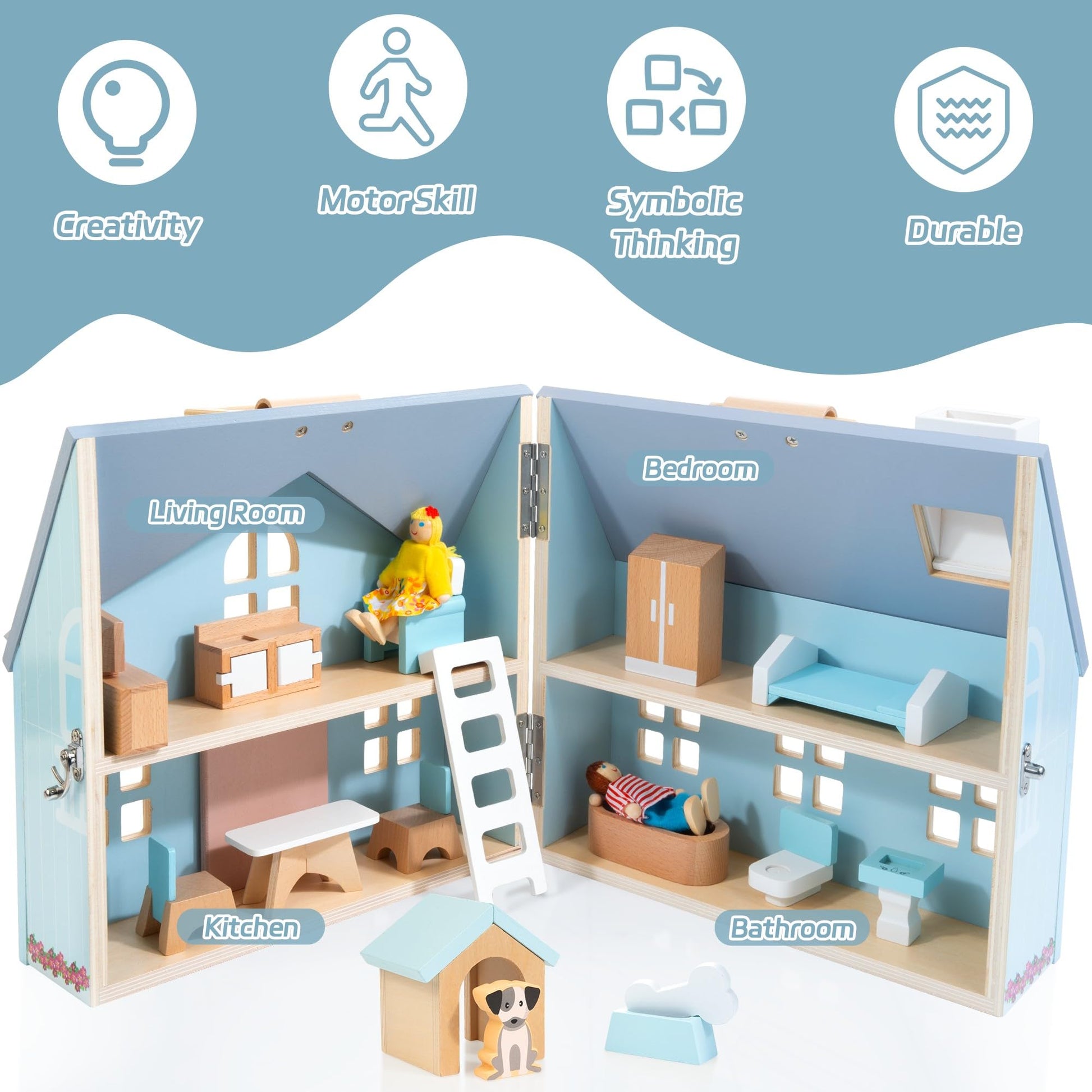 WOODMAM Foldable Wooden Dollhouse with Furniture, Dolls & Pet Set
