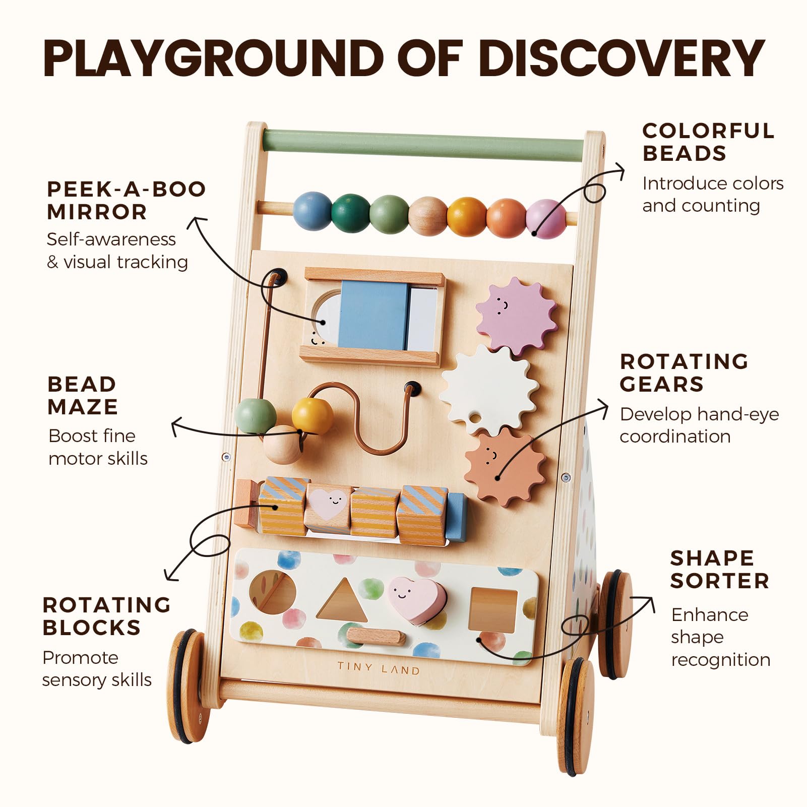 Tiny Land Wooden Baby Walker with Activity Center, Montessori Push Walker