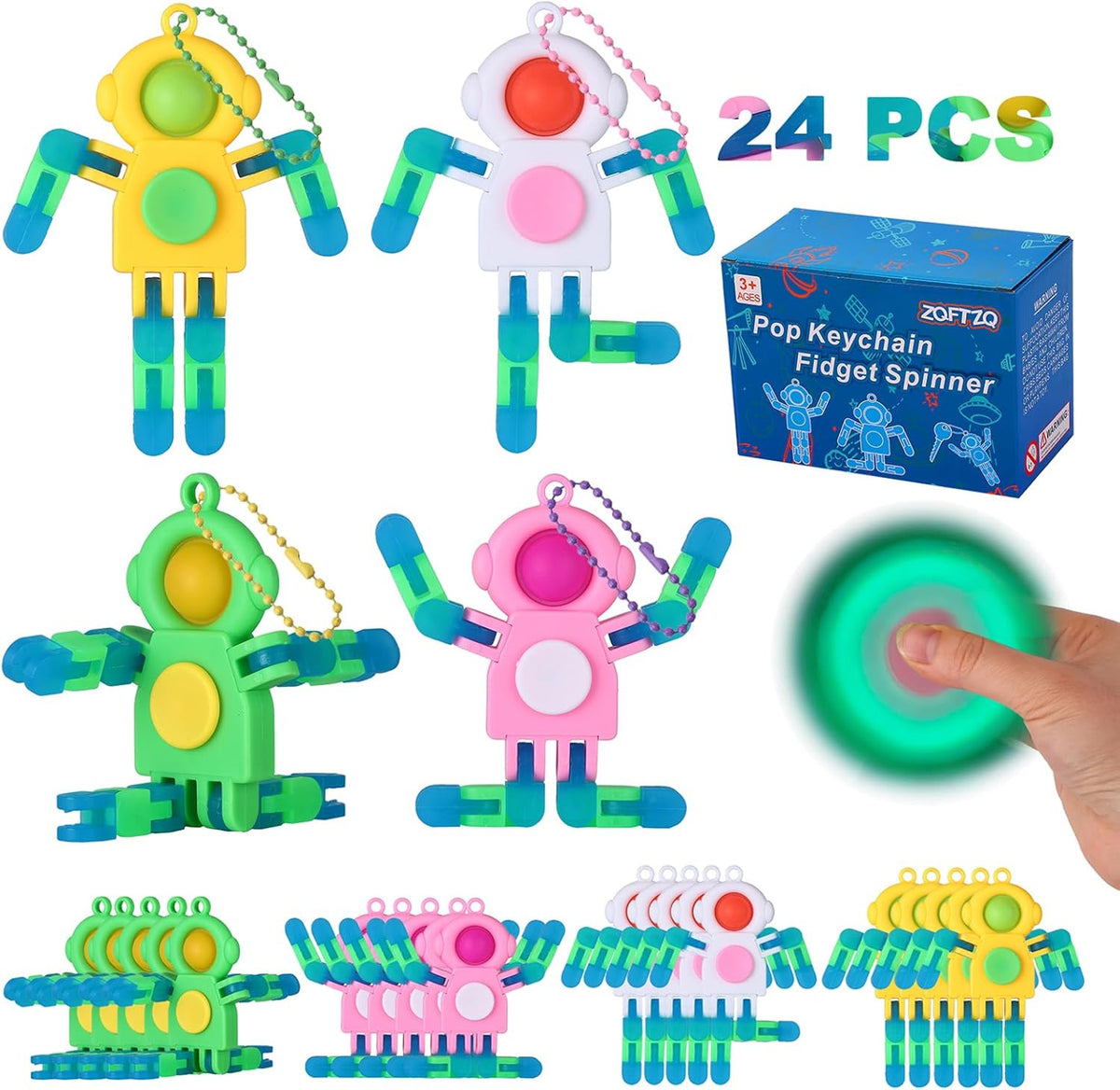 24Pcs Pop Fidget Spinners Bulk - Deformable Astronaut Fidget Spinner Keychain Robot Gyro Fidget