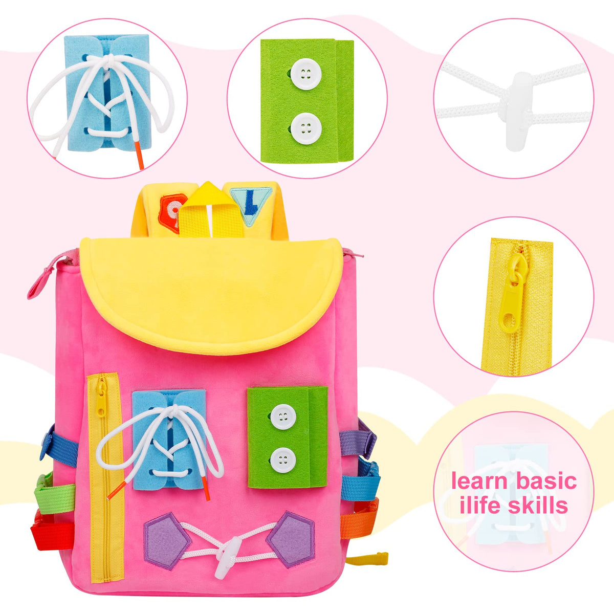 Busy Board - Toddler Backpack with Buckles and Learning Activity Toys - Develop Fine Motor Skills