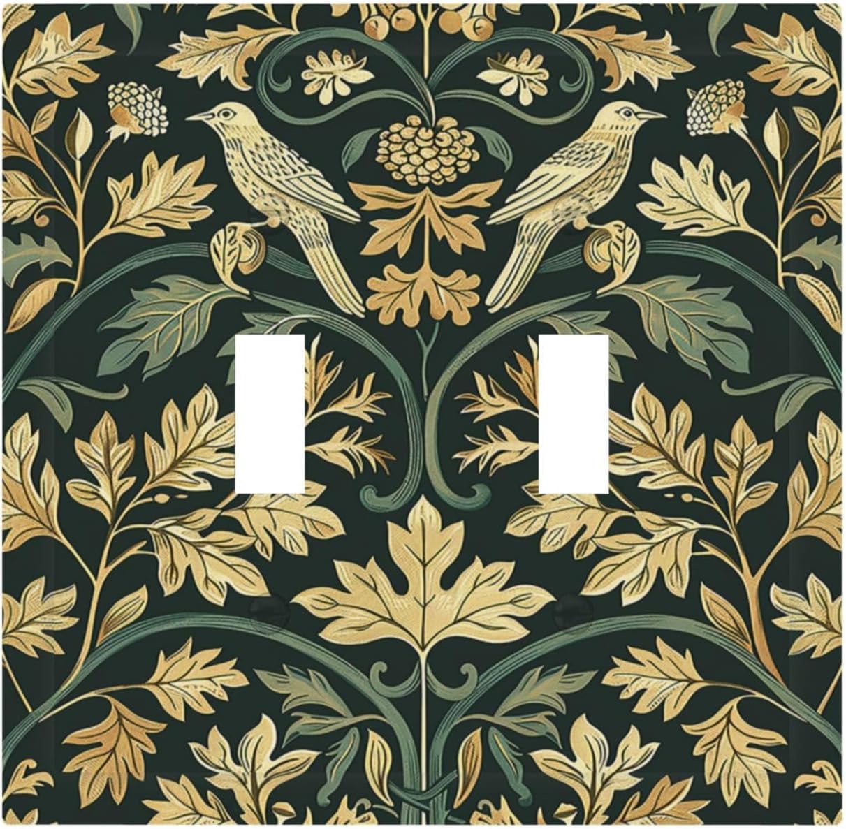 Decorative Switch Plates William Morris Vintage Botanical Birds Golden Green Leaves 2 Gang Double