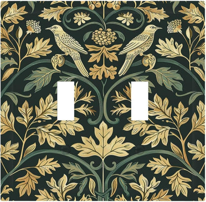 Decorative Switch Plates William Morris Vintage Botanical Birds Golden Green Leaves 2 Gang Double