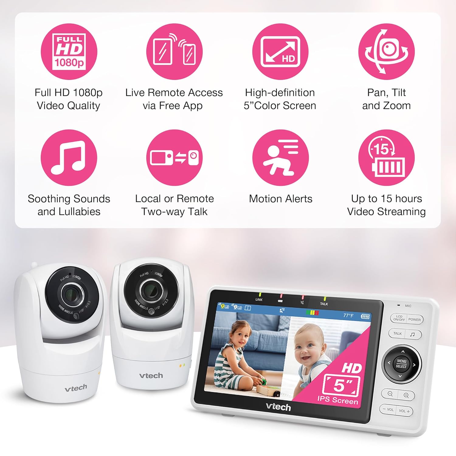 VTech 2-Cameras Smart WiFi Baby Monitor with 1080p FHD Camera and 5" HD IPS Screen, Free App with