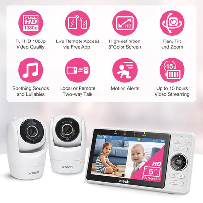 VTech 2-Cameras Smart WiFi Baby Monitor with 1080p FHD Camera and 5" HD IPS Screen, Free App with
