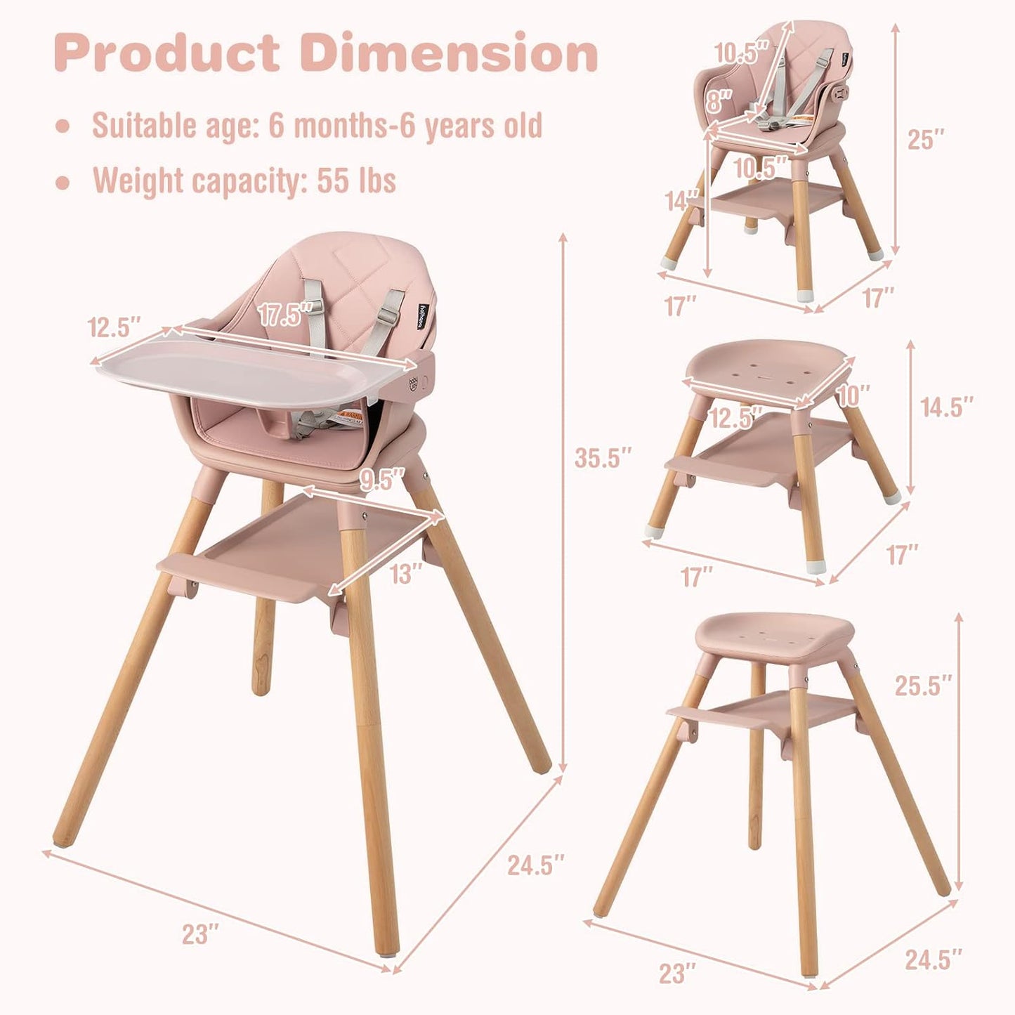BABY JOY Baby High Chair, 6 in 1 Convertible Wooden High Chair for Babies & Toddlers with