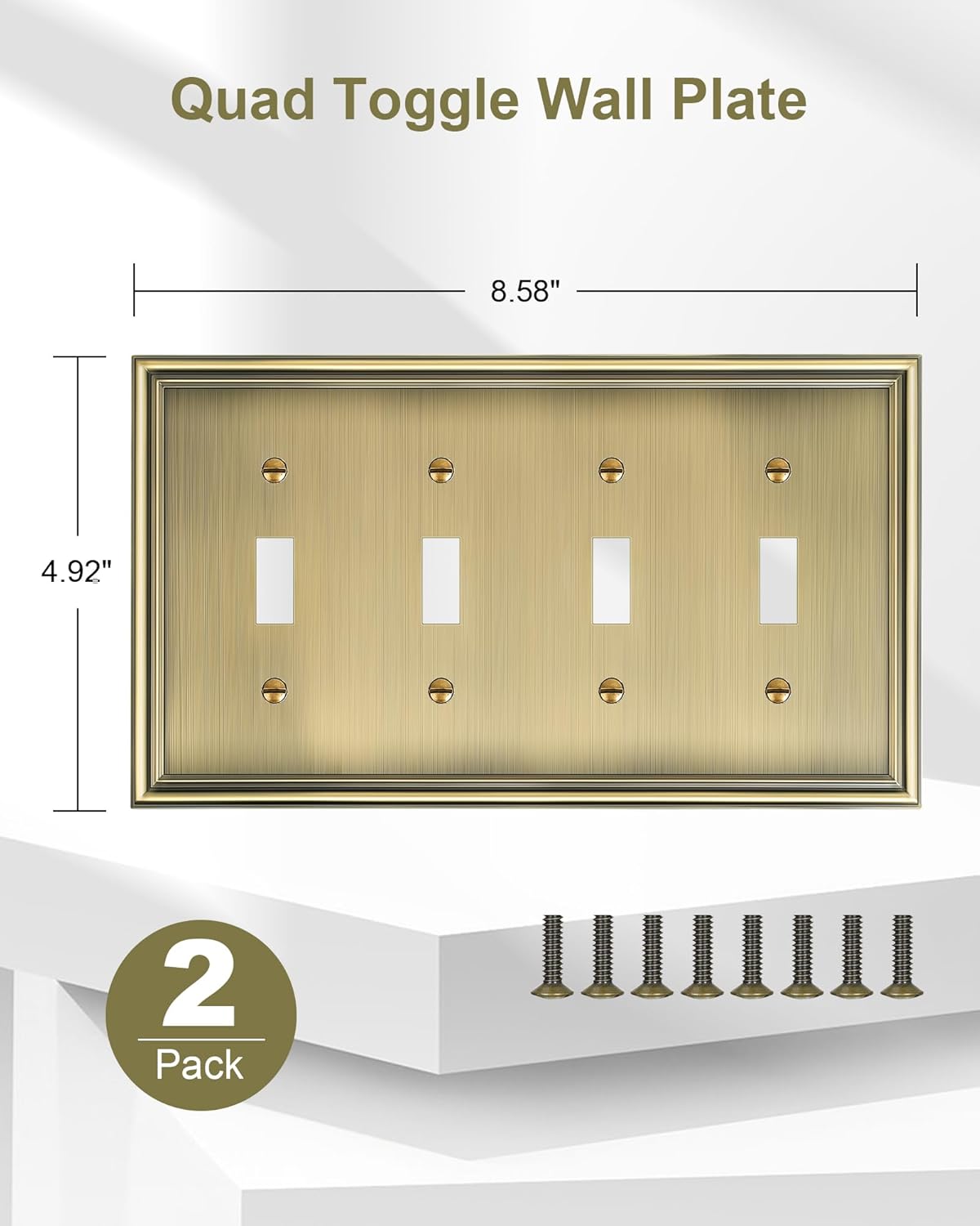 2-Pack Quad Toggle Light Switch Cover Plate, Durable Zinc Alloy Decorative Switch Plate Covers