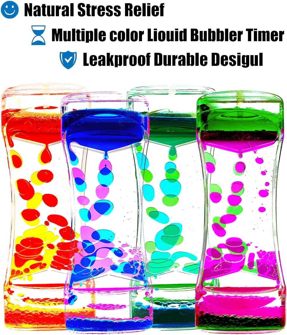 Liquid Motion Bubbler Timer Pack of 4 Colorful Hourglass Liquid Bubbler ADHD Fidget Toy Sensory