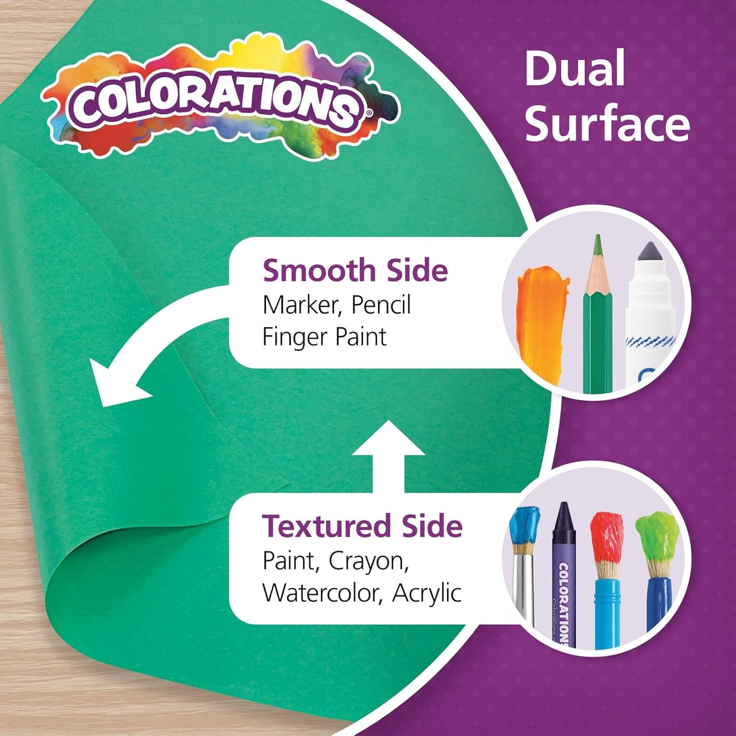 Colorations Dual Surface Paper Roll, Bright Green, 36" x 1000', Textured Paper, Classroom Craft &
