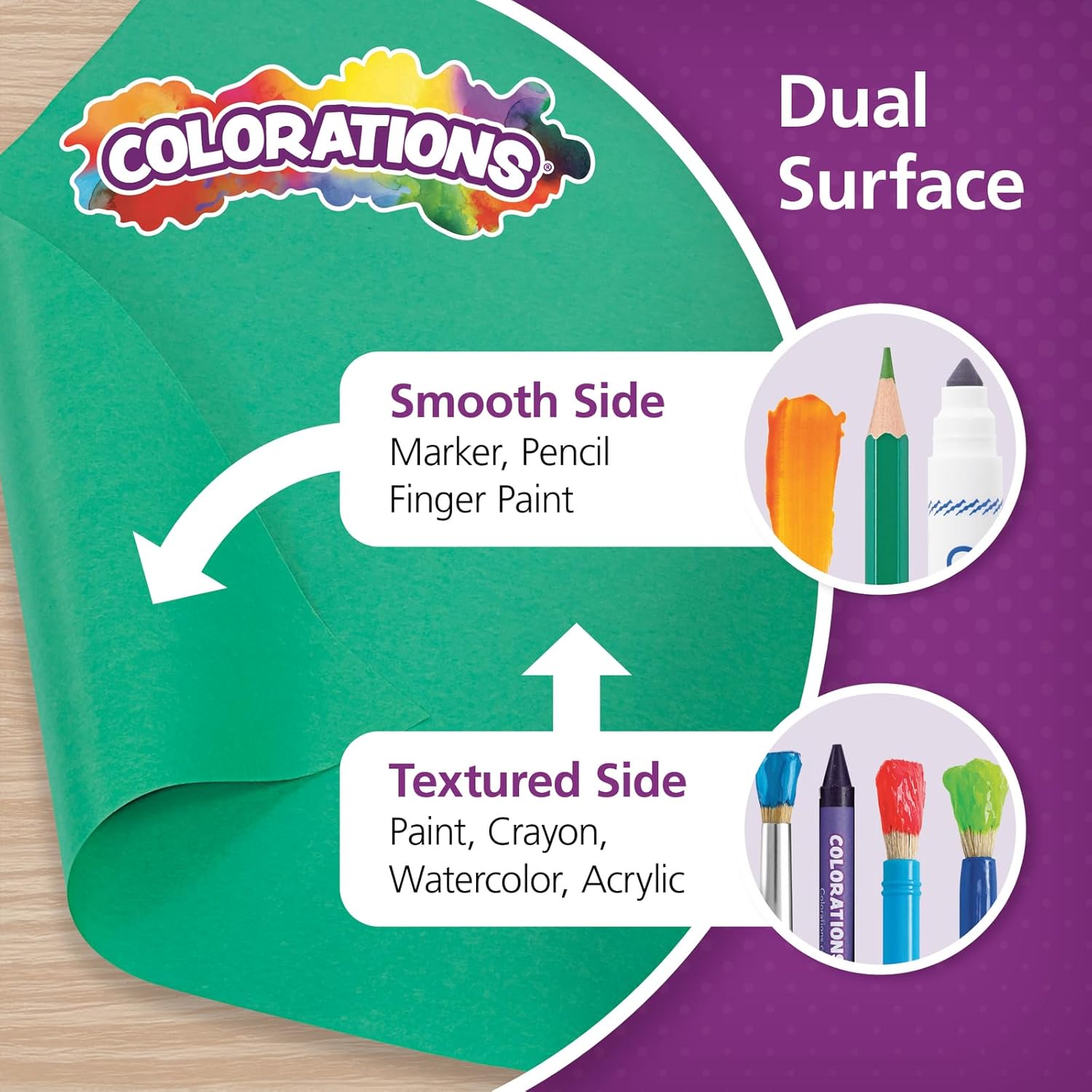 Colorations Dual Surface Paper Roll, Bright Green, 36" x 1000', Textured Paper, Classroom Craft &
