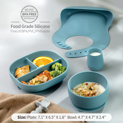 SAMiGO Silicone Baby Feeding Set, Baby Led Weaning Supplies, Suction Bowl Plate Bib Cup Self