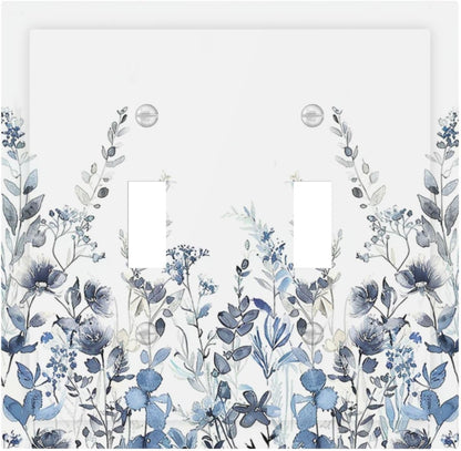 Decorative Switch Plates Light Blue Watercolor Leaves Plant With Floral 2 Gang Double Toggle Outlet