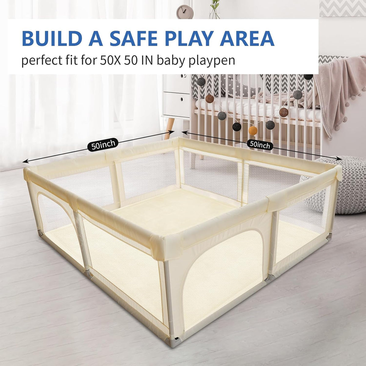 Baby Play Mat for Floor, 1.3" Thick Elasti-Foam 50x50 Playpen Mat for Toddlers Infant