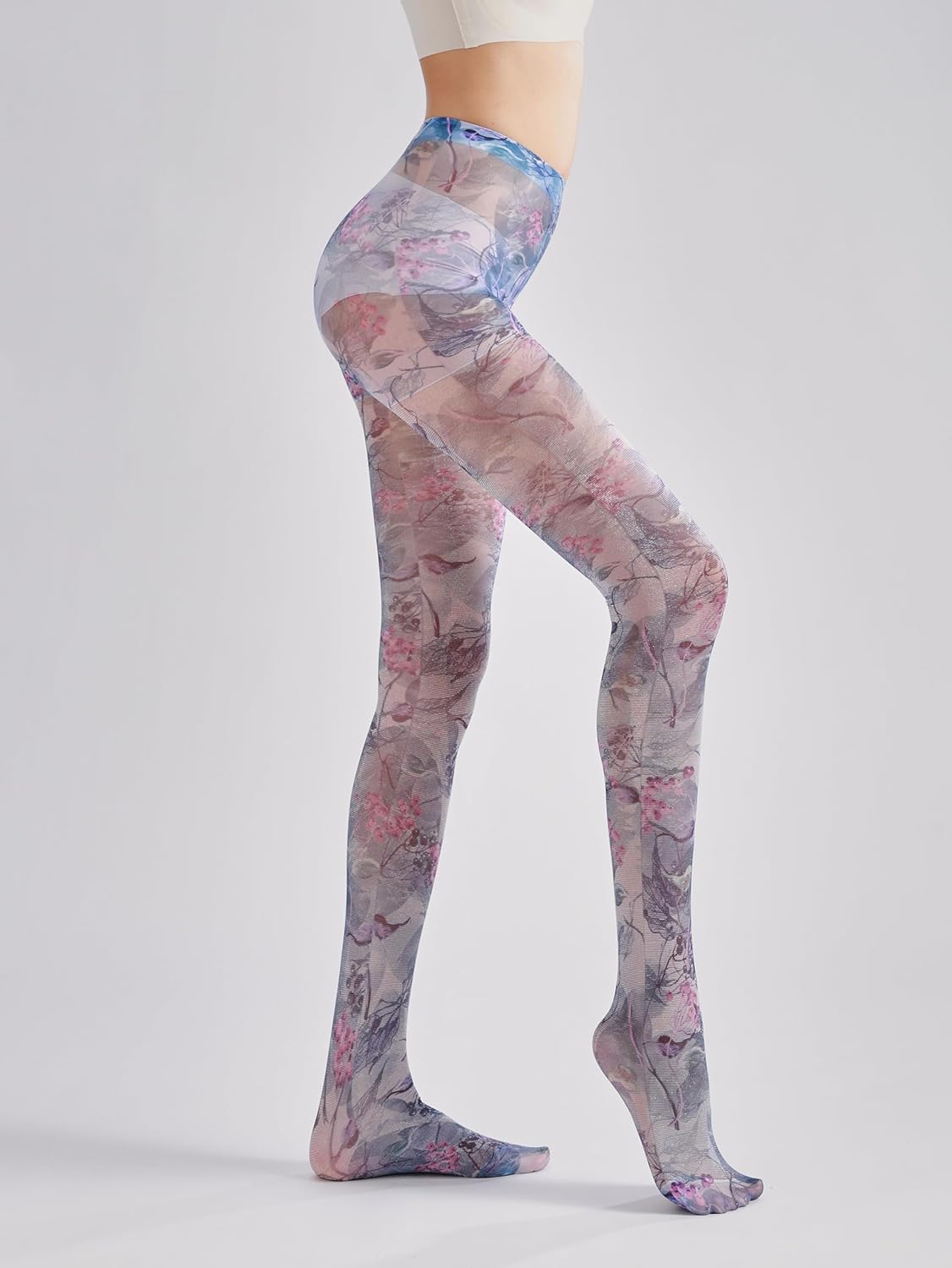 Sahabowi Women's Sheer Fashion Digital Print Fashions Stockings Metallic Silver Tights 1