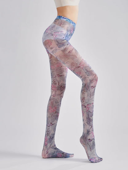 Sahabowi Women's Sheer Fashion Digital Print Fashions Stockings Metallic Silver Tights 1