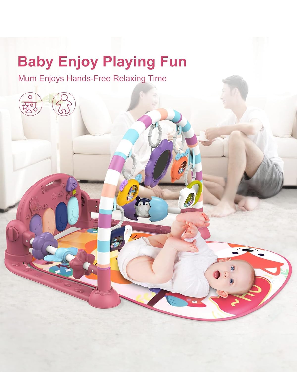 Dearlomum Play Mat and Gym - Piano Tummy Time Activity Mat With 5 Sensory Toys, Music and Lights