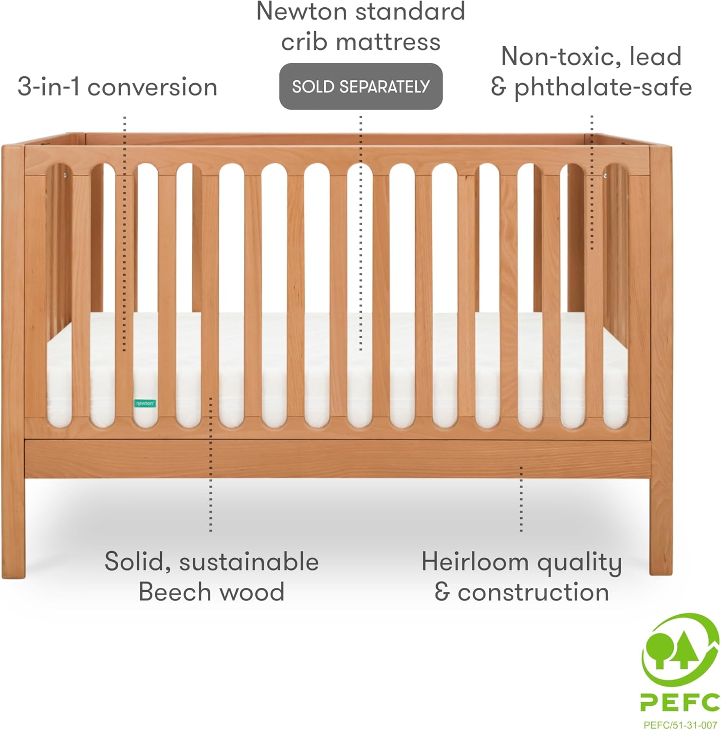 Newton Baby Galileo Standard Crib, Solid Beech Wood in Chestnut Color, 3-in-1 Convertible Crib with
