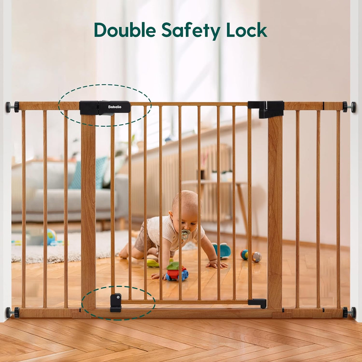 BABELIO 29-48" Metal Baby Gate with Brown Wood Pattern, Auto Close Dog Gate for The House, Stairs