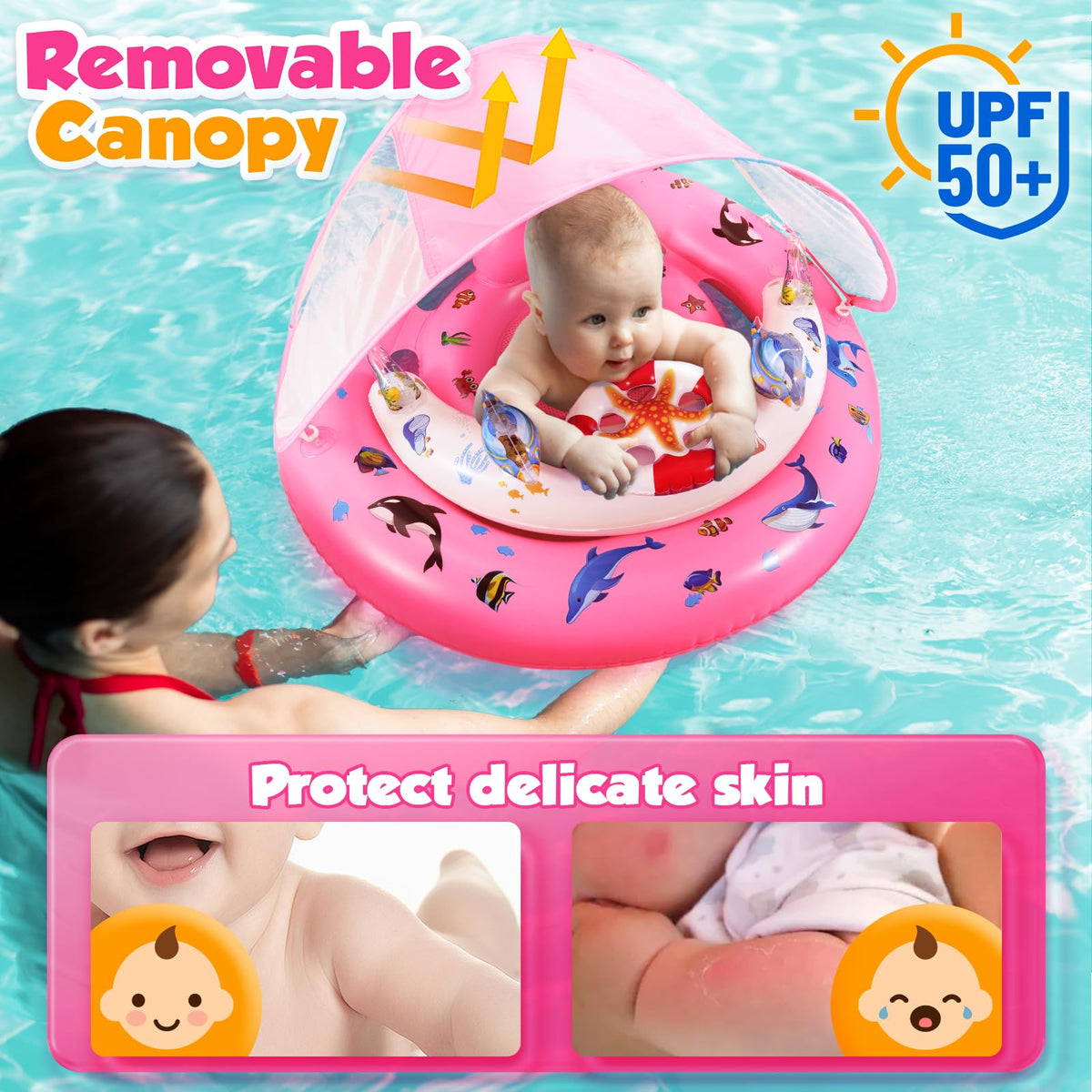 Baby Pool Float with Canopy Upf50+ Sun Protection, Baby Swimming Float
