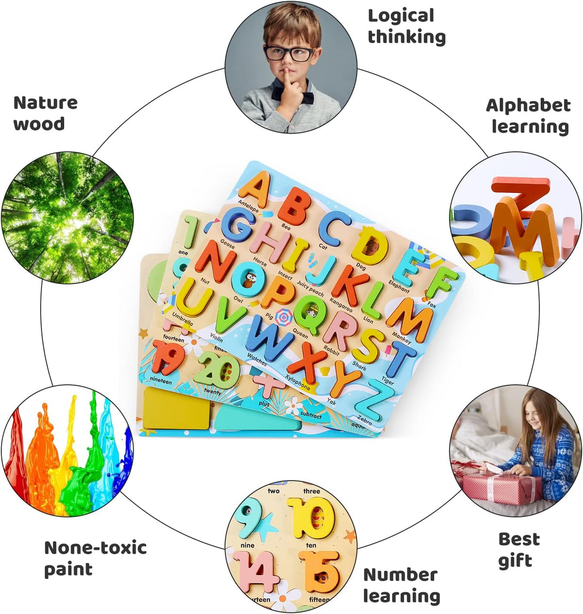 Wooden Puzzles for Toddlers, Voamuw Alphabet Number Shape Learning Education Preschool Toys for