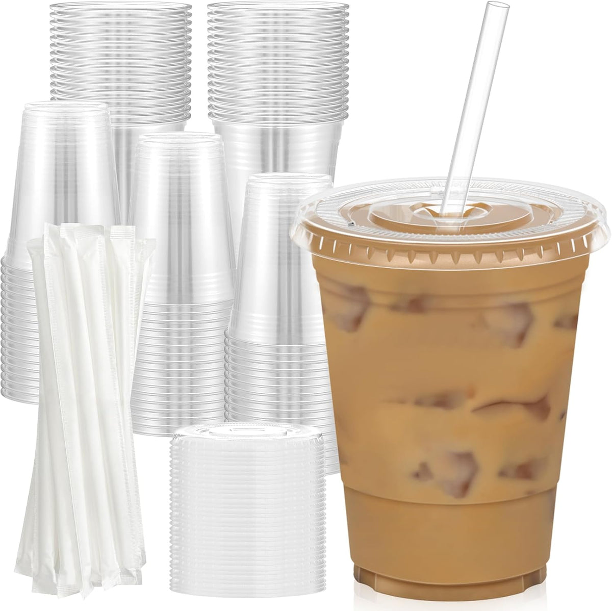100 Pack - 16 oz Clear Plastic Cups with Lids and Straws, Sturdy & Food Safe Iced Coffee Cups with