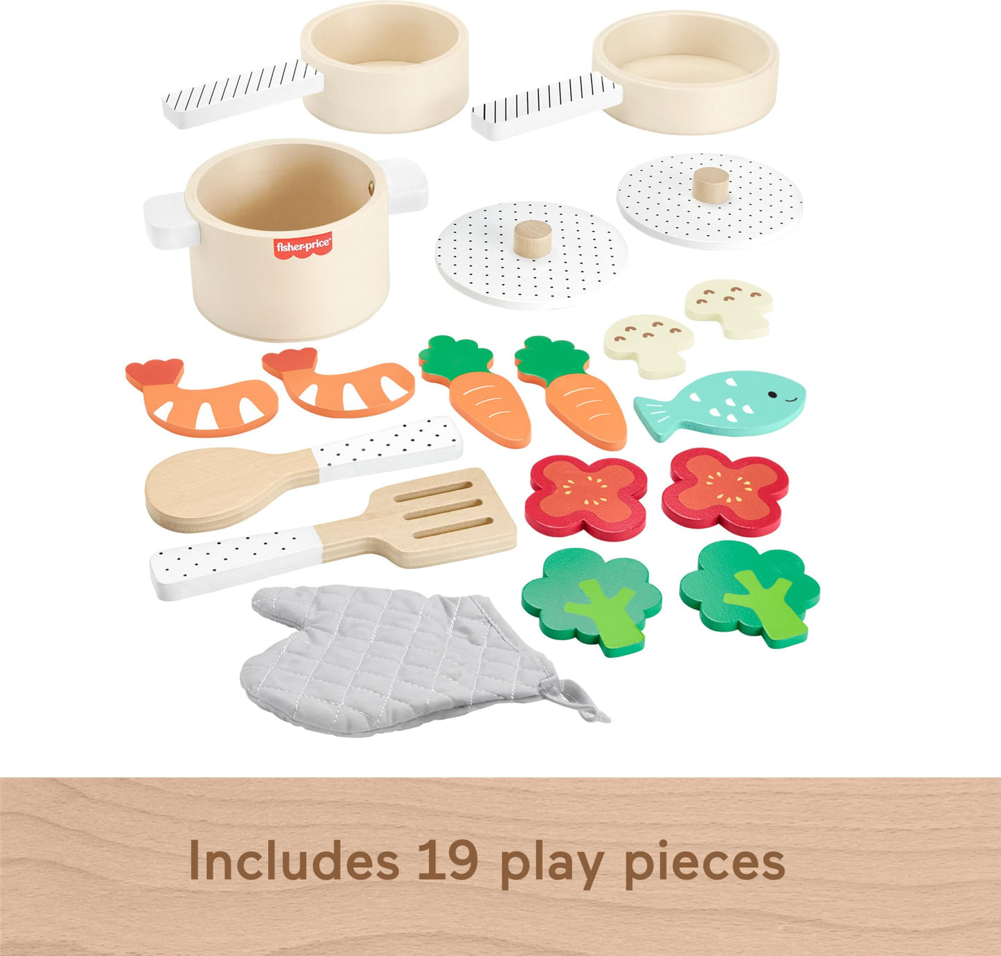 Fisher-Price Wood Kitchen Pretend Play Toy Pots & Pans Set, 19-Piece Playset Wooden, Metal & Fabric