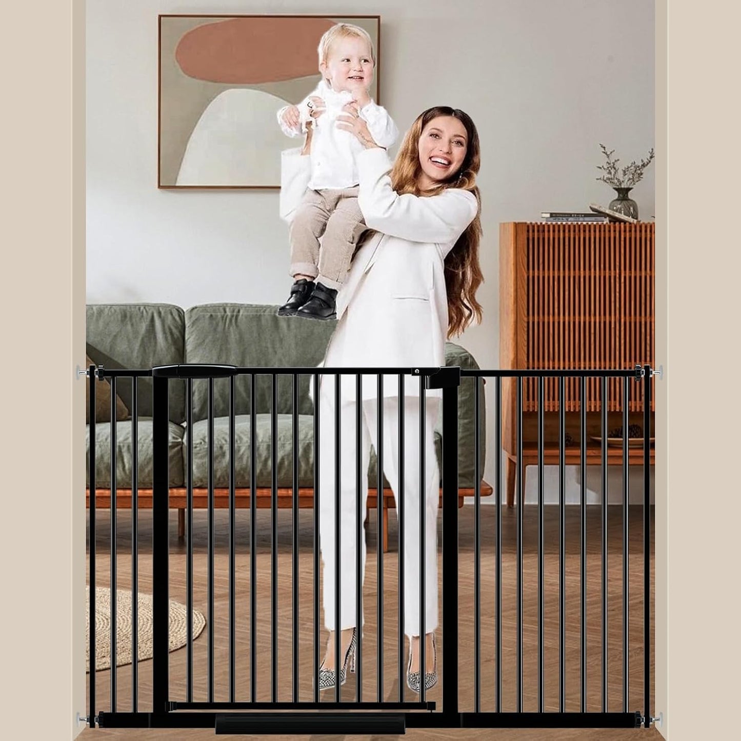 DEARBB Extra Wide Baby Gate Ultra Narrow Spacing 30.11-77.36" Pressure Mounted Double Lock Swing