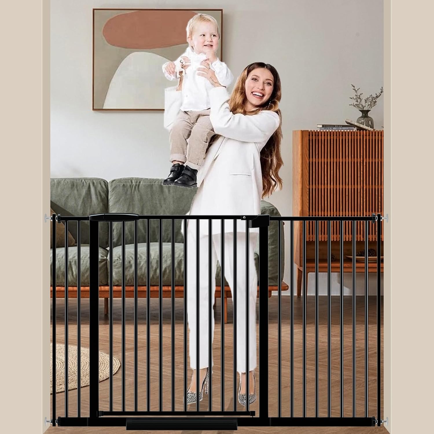 DEARBB Extra Wide Baby Gate Ultra Narrow Spacing 30.11-77.36" Pressure Mounted Double Lock Swing