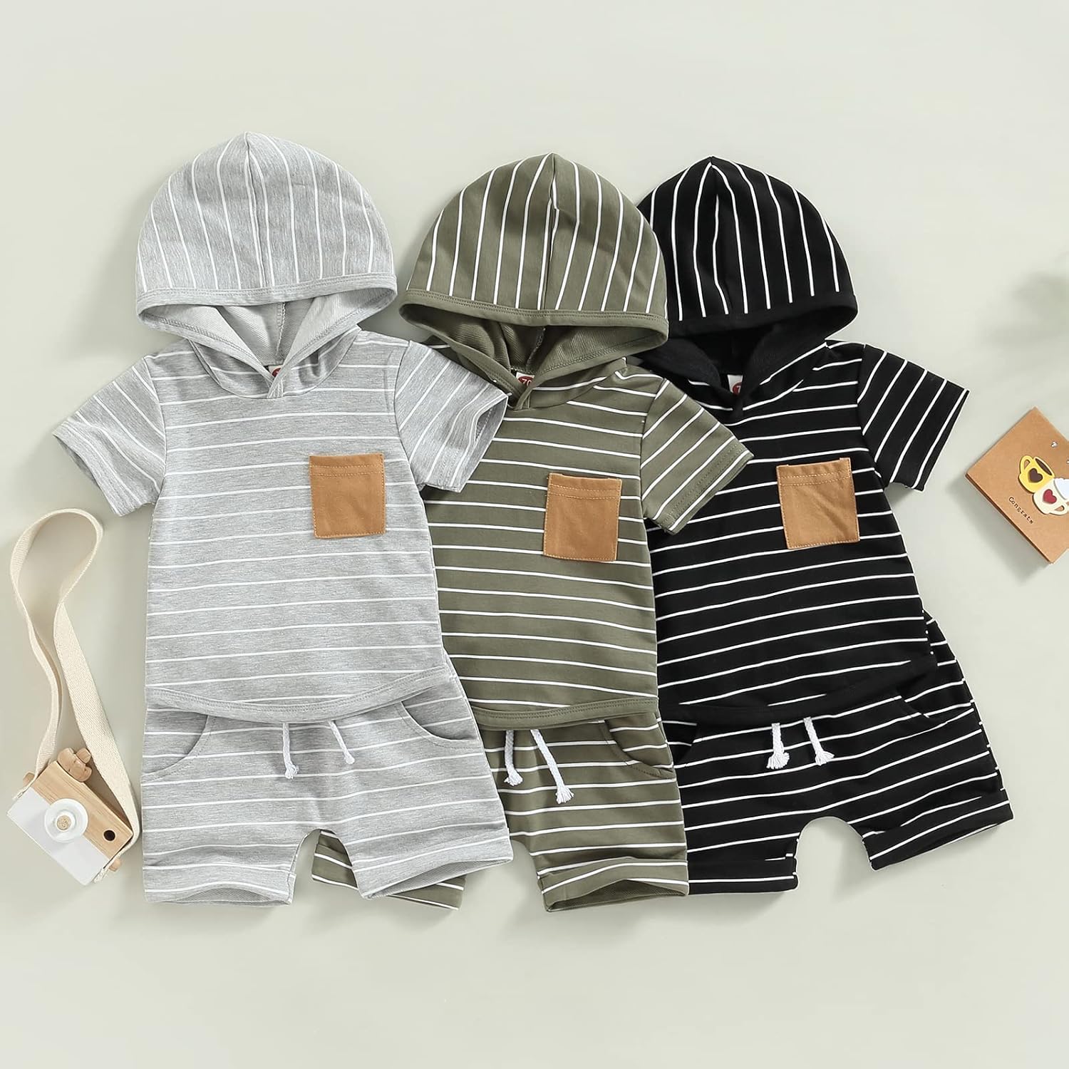 Toddler Baby Boy Summer Hooded Outfit Contrast Color Short Sleeve T Shirt Top Elastic Shorts Summer