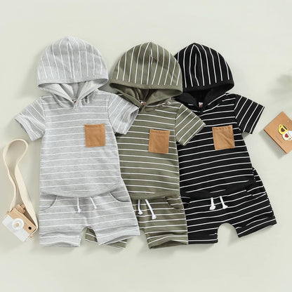 Toddler Baby Boy Summer Hooded Outfit Contrast Color Short Sleeve T Shirt Top Elastic Shorts Summer