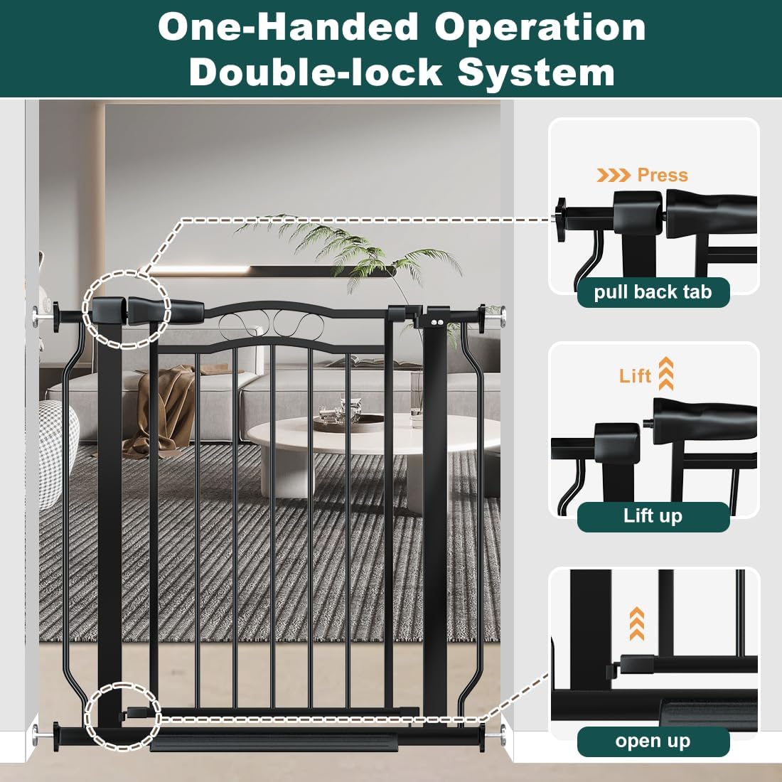 29.53"-43.30" Mornyray Auto-Close Baby Gate Extra Wide, Pressure Mounted Dog & Pet Gate for Stairs