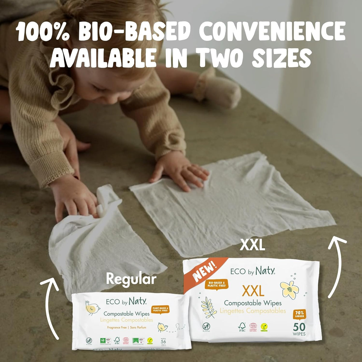 Naty Compostable XXL Baby Wipes - Unscented, 100% Plant-Based, Plastic-Free, Fragrance-Free