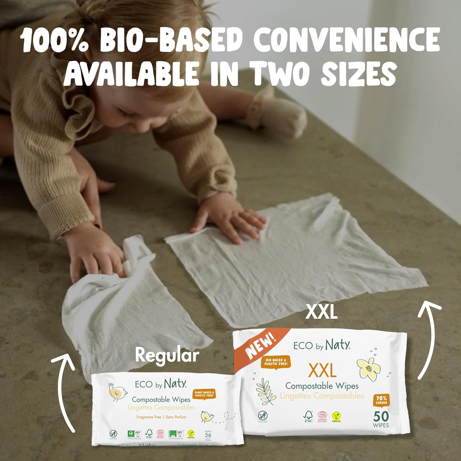 Naty Compostable XXL Baby Wipes - Unscented, 100% Plant-Based, Plastic-Free, Fragrance-Free