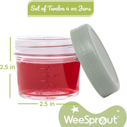WeeSprout Glass Baby Food Storage Jars w/Lids (4 oz, 12 Pack Set) Snack, Puree, Reusable Small