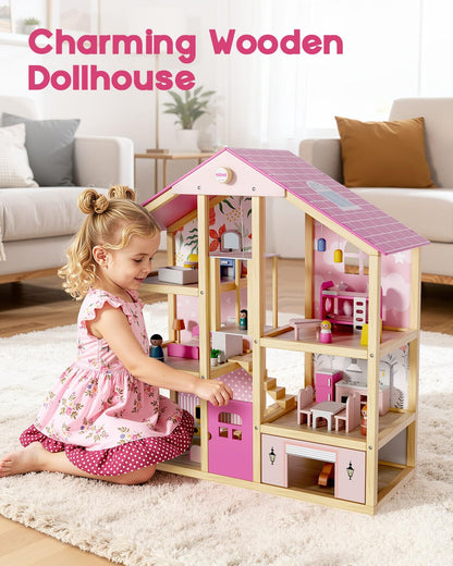 BIERUM Wooden Dollhouse for Girls, Doll House with 5 Rooms Play Toys, Pink