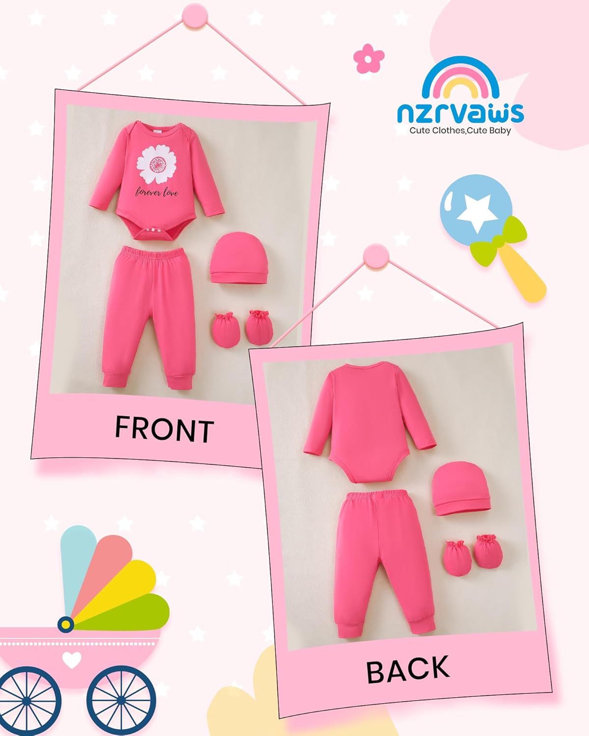 NZRVAWS Newborn Baby Boy Girl Clothes Unisex Infant Romper Pants Set Hat 4-Pack Outfits 0-12 Months