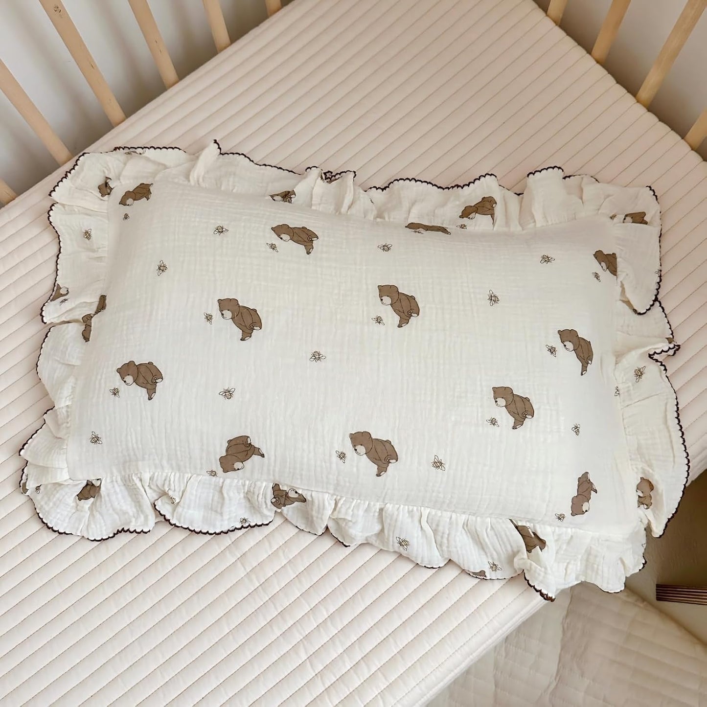 BuLuTu Cartoon Bear Muslin Pillowcase for Boys Girls Cute Animal Print Toddler Pillow Cases Soft