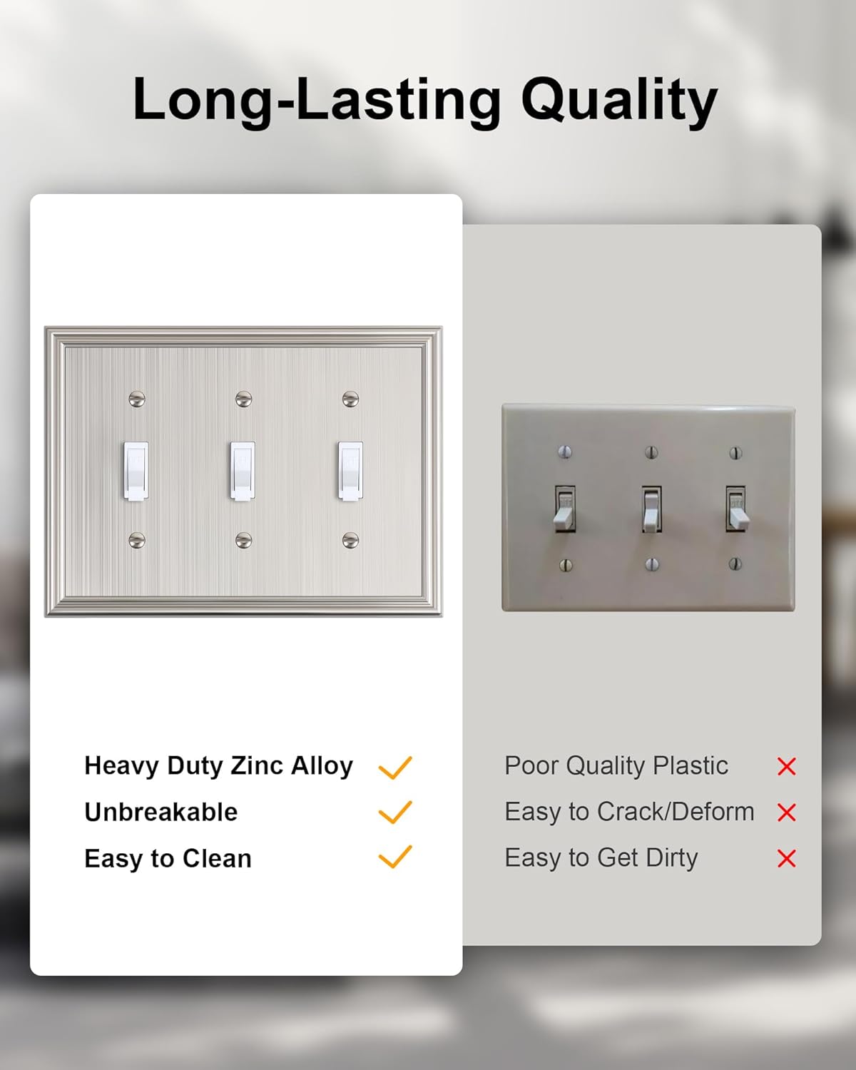 2-Pack Triple Toggle Light Switch Cover Plate, Durable Solid Zinc Alloy Decorative Switch Plate