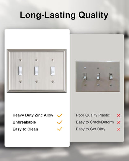 2-Pack Triple Toggle Light Switch Cover Plate, Durable Solid Zinc Alloy Decorative Switch Plate