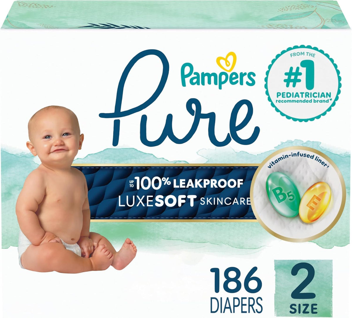 Pampers Pure Protection Baby Diapers, Size 2 (12-18 lbs), 186 Count, Up to 100% Leakproof, Premium