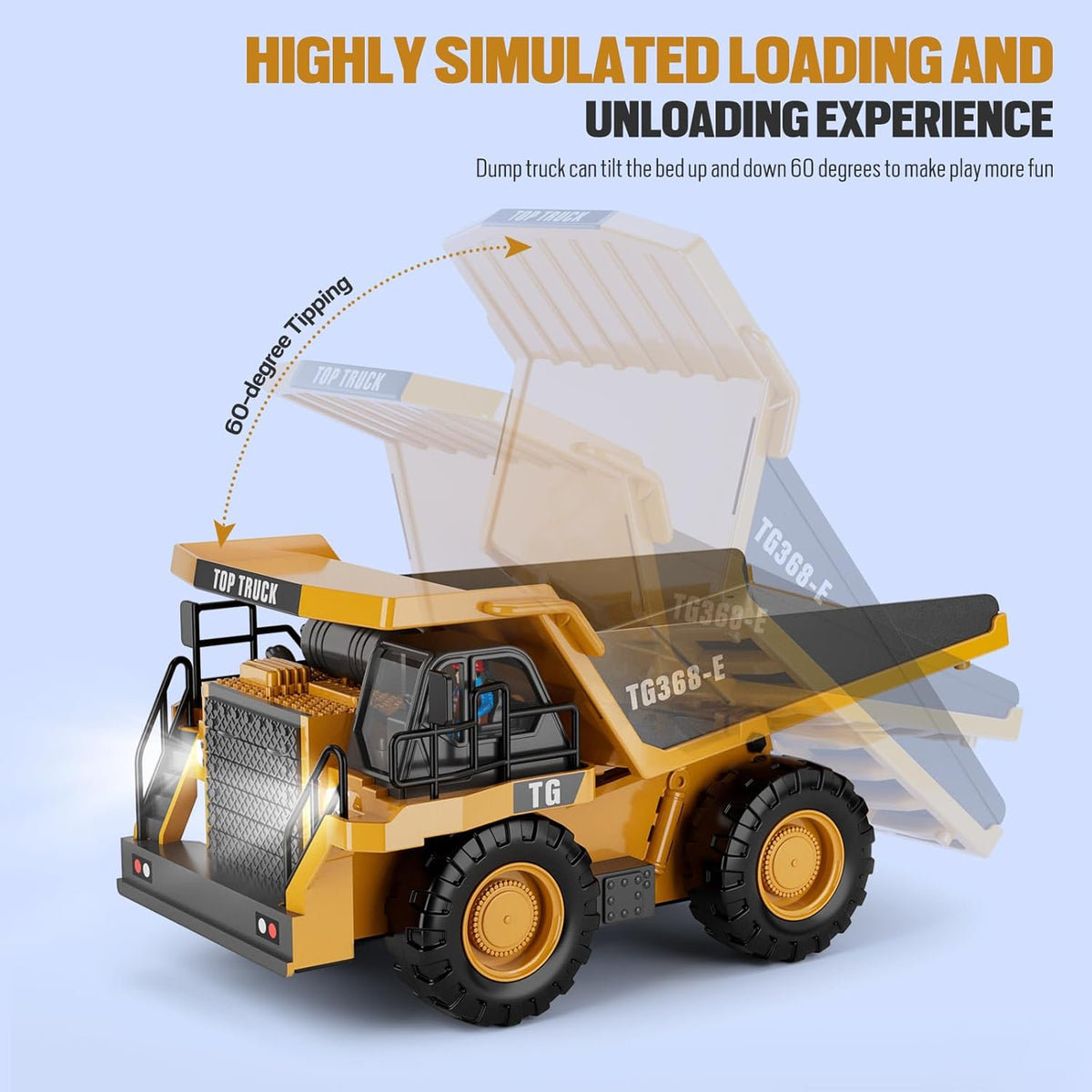 RC Dump Truck Toy, 9-Channel Remote Control Toy with Metal Bed & Light, Rechargeable Battery, Kids