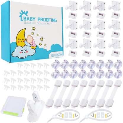 66 Pack Baby Proofing Kit | 12 Hidden Cabinet Drawer Locks, 8 Adjustable Latches, 26 Outlet Covers