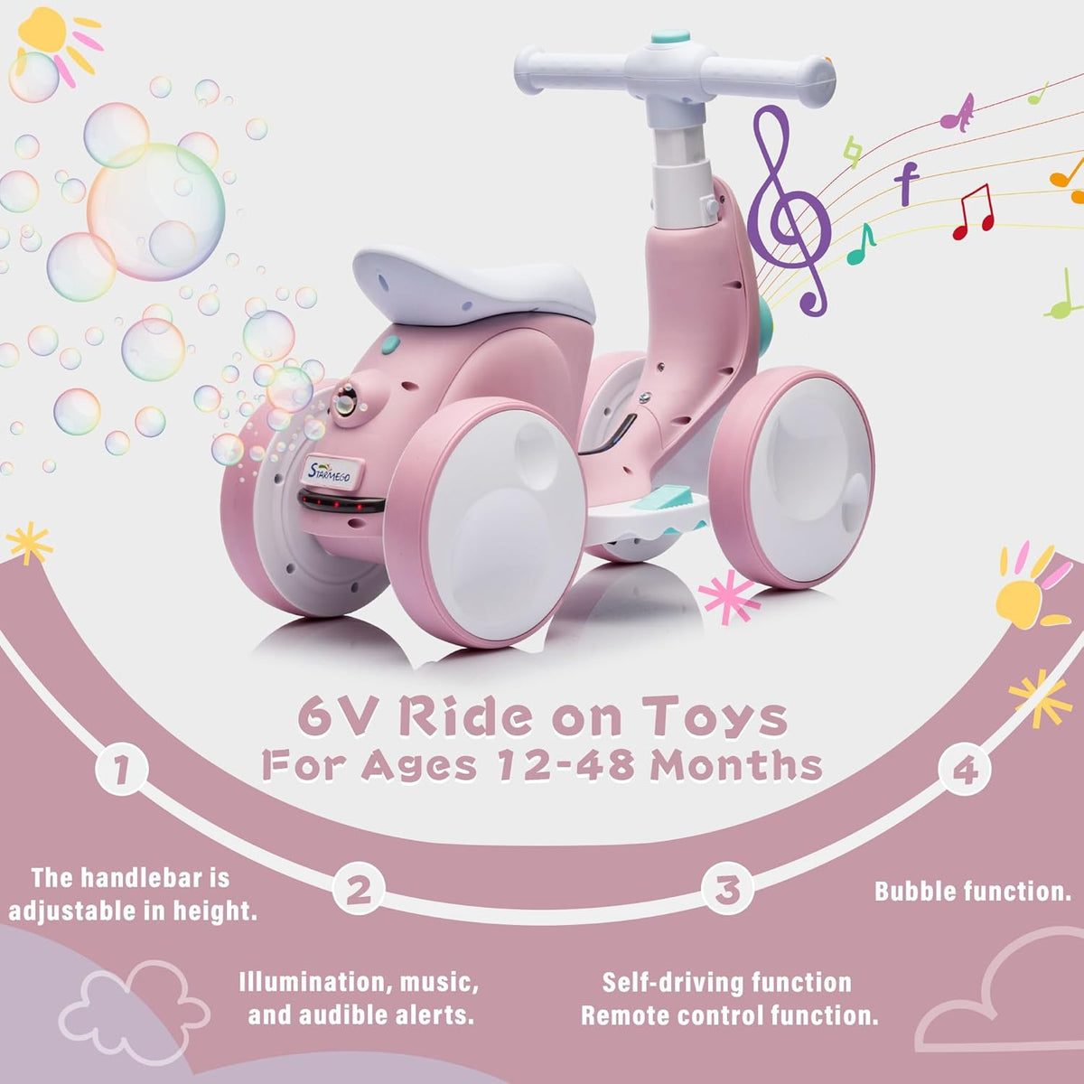 6V Electric Baby Balance Bike with Bubble Machine,4 in 1 Toddler Balance Bike w/Remote Control for