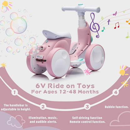6V Electric Baby Balance Bike with Bubble Machine,4 in 1 Toddler Balance Bike w/Remote Control for